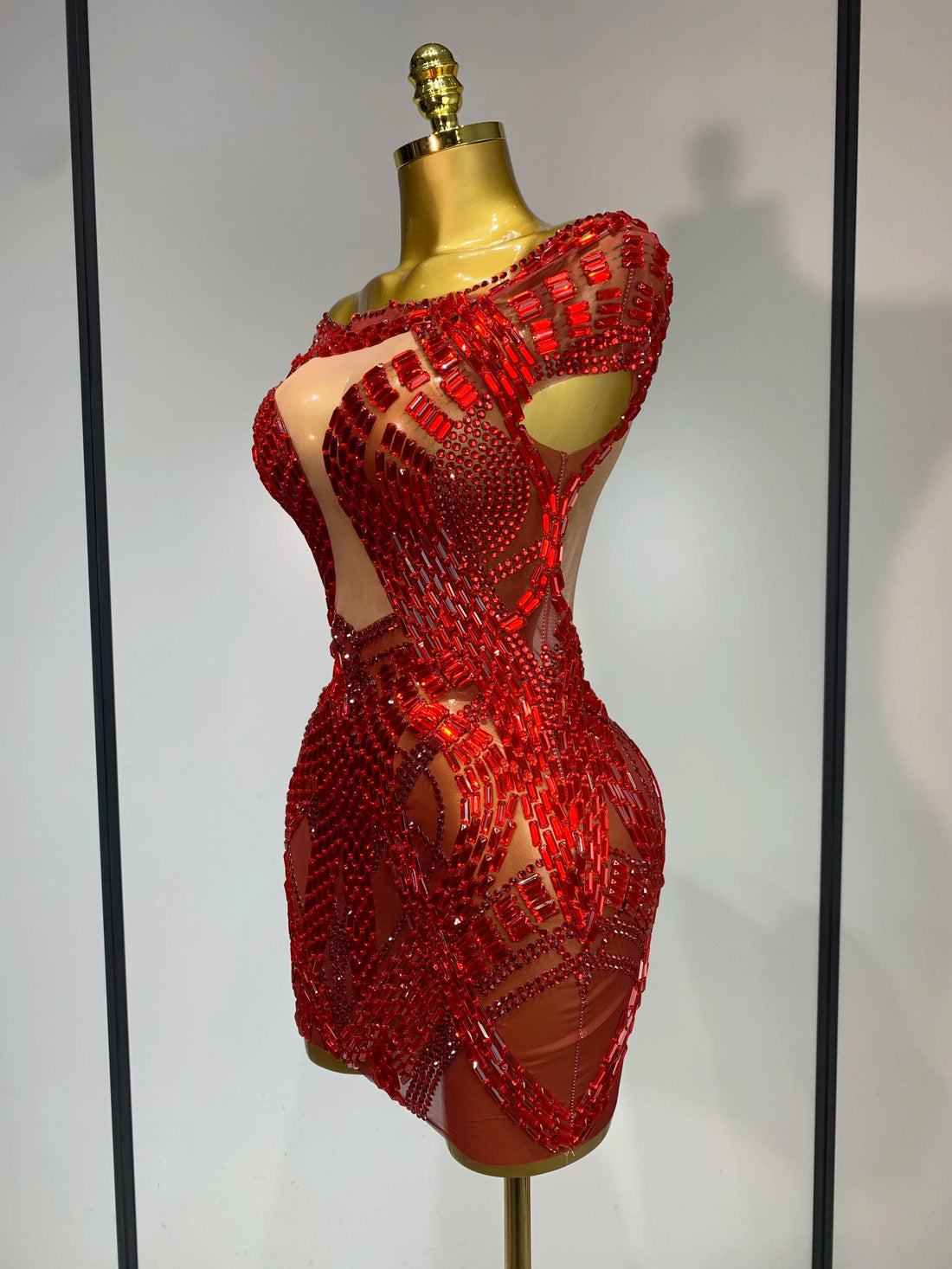 Luxury Rhinestones Sexy Mesh See Through Mini Dress Women Celebrate Birthday Evening Party Dress Stage Performance Costume Red