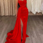 Evening Dresses Long Beaded Sequined Mermaid Spaghetti Straps Pleats High Slit Stretchy Satin Prom Gowns Formal Party