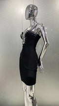 Luxury Sparkling Diamond Sexy Deep V-Neck Black Bandage Mini Dress Fashion Woman Evening Party Dress Birthday Party Outfit
