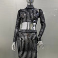 Sparkling square Diamonds Sexy Mesh See Through Top And Skirt Woman Fashion Set High Street Wear Evening Party Outfit Black Top
