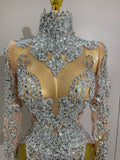 Luxury Sparkly Sequins Stretch Long Sleeve Mesh Mini Dress Women Birthday Party Nightclub Dancer Stage Performance Costume