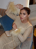 Champagne O Neck Midi Dress Rhinestones Long Sleeves Diamond Feathers Embellished Bodycon Evening Party Gowns