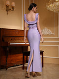 Purple Color Women Sleeveless Sexy Square Collar Ruffles Bodycon Long Bandage Dress Elegant Evening Party Cocktail Outfit