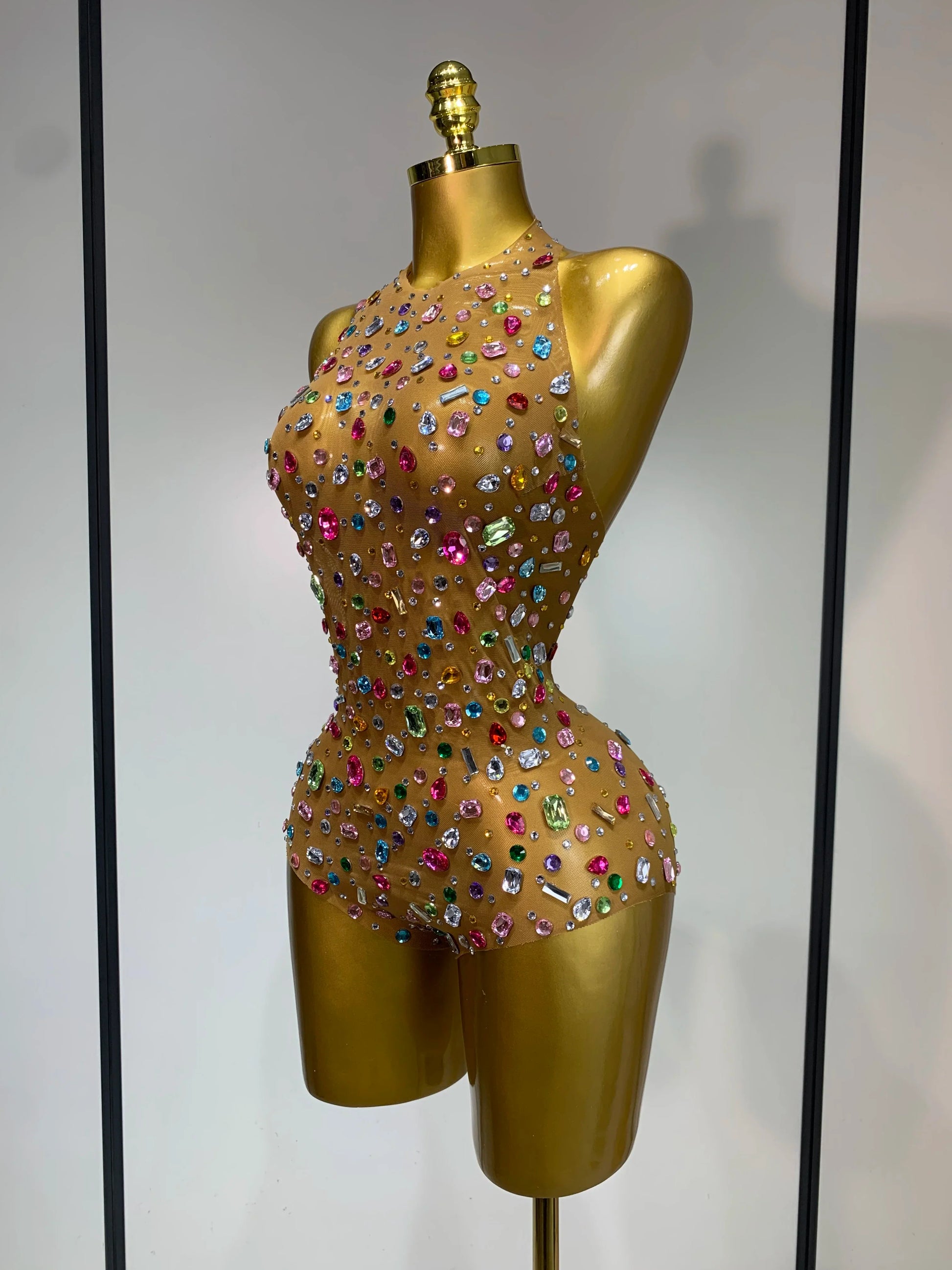 Sparkly Rhinestones Mesh See Through Bodysuit Women Sexy Backless Performance Dance Costume Celebrity Nightclub Stage Outfit