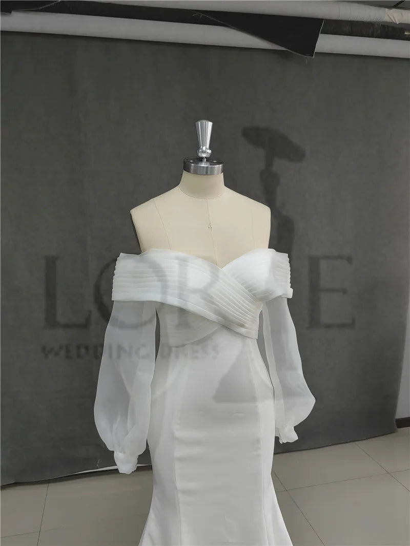Matt Soft Satin Mermaid Wedding Dresses Off The Shoulder Puff Sleeve Bride Dress Elegant Classic Real Wedding Gowns