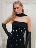 Vintage Elegant Black Strapless Sleeveless Crystal Dress for Galas Party Evening Gown