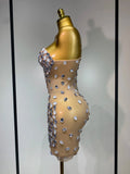 Sexy Sparkly Rhinestone Backless Mini Dress Women Sleeveless Mesh See Through Evening Party Luxury Birthday Gown Stage Outfit