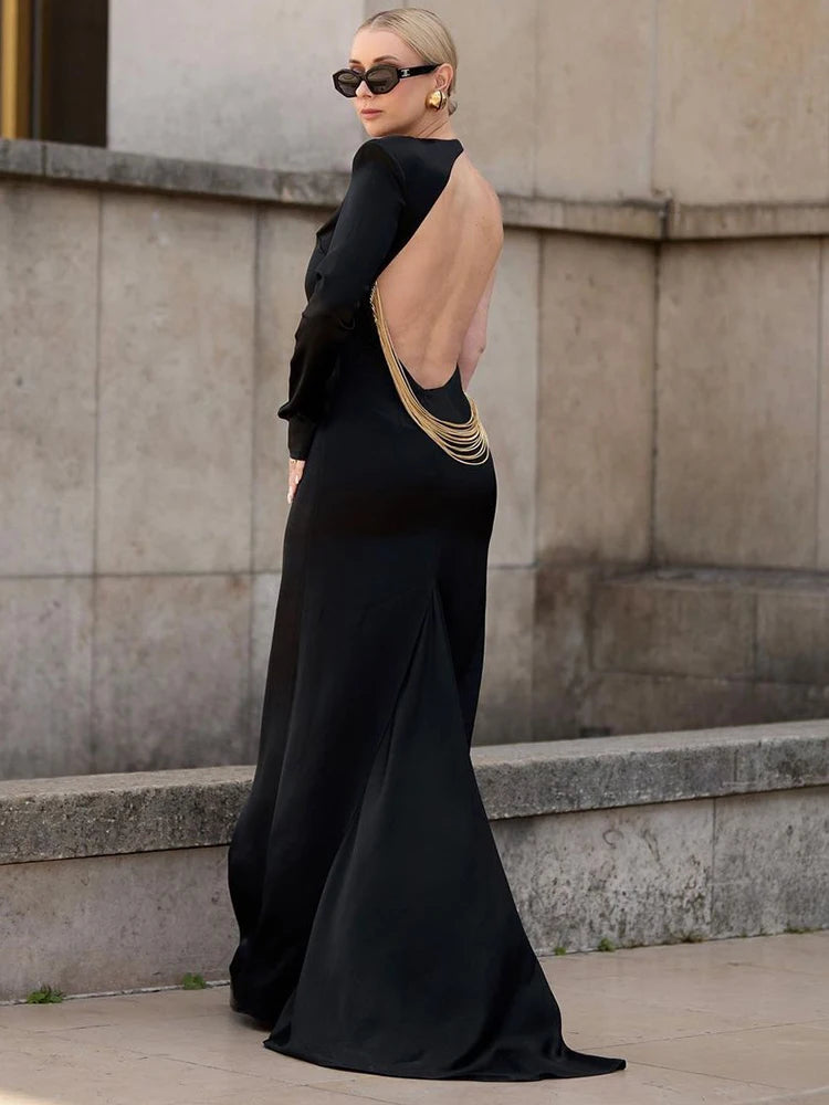Evening Dresses For Women Sexy Backless Chain Design One Shoulder Long Sleeve Maxi Black Gown Summer Fashion