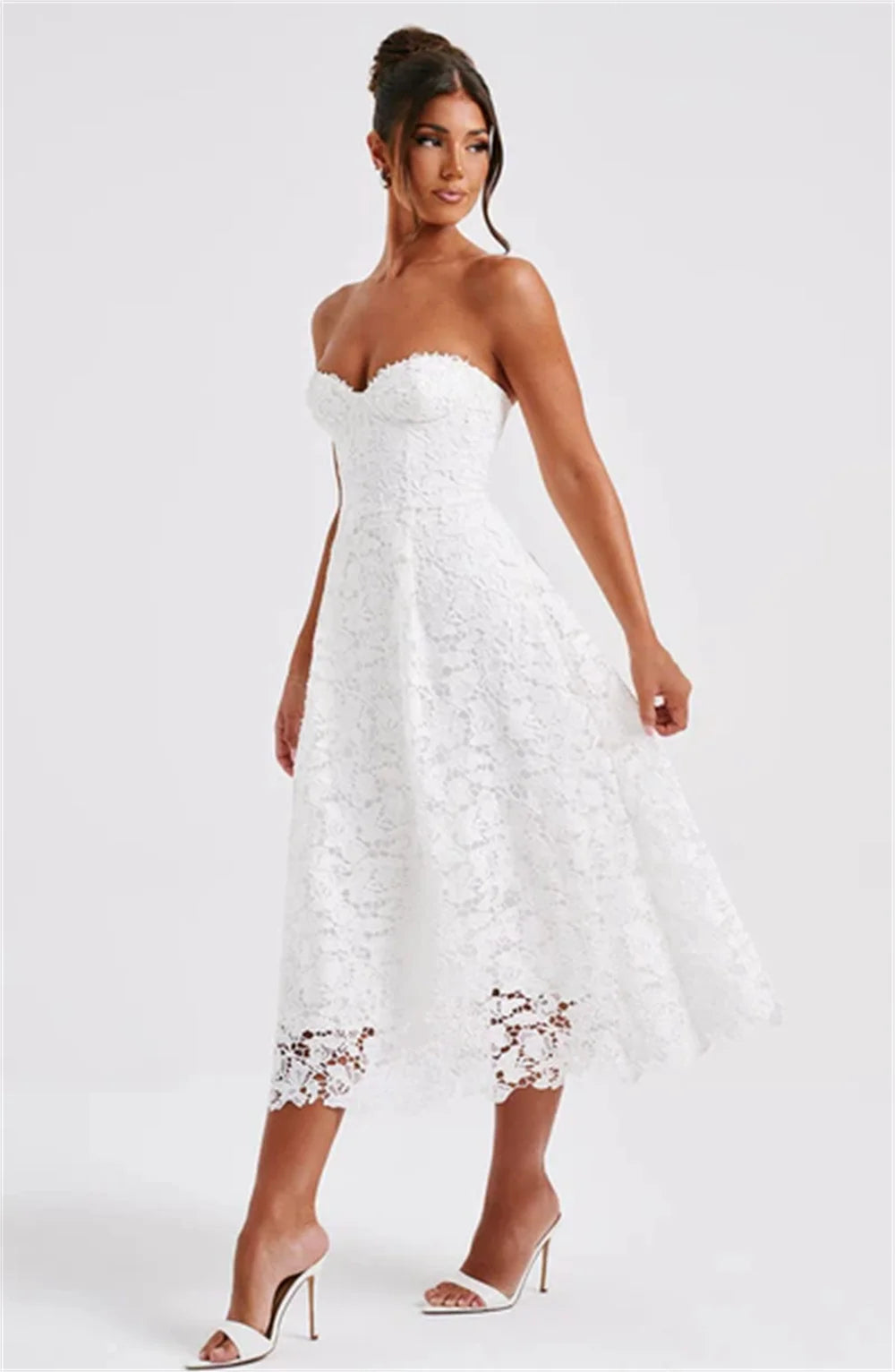 White Strapless Prom Dresses Water-soluble Lace A-line vestidos de noche Elegant Sleeveless Ankle-Length Formal Evening