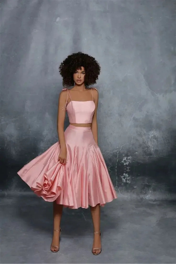 Pink Prom Dresses Taffeta Two Pieces Knee Length Spaghetti Strap A Line Formal Party Evening Gowns Formal Occasion Dresses