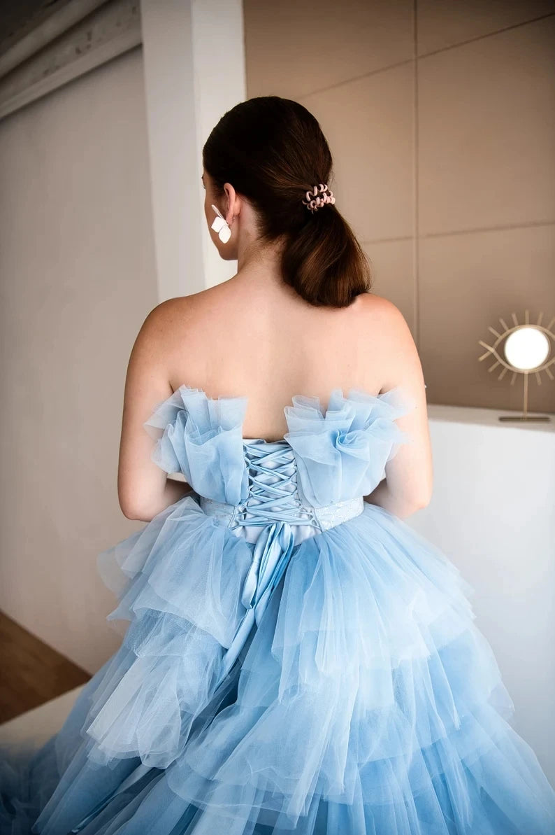 Dream Blue Layered Tulle Prom Dresses Extra Long Train Ball Gown Bridal Shower Dress Wedding Photoshoot Gown فساتين مناسبة رسمية