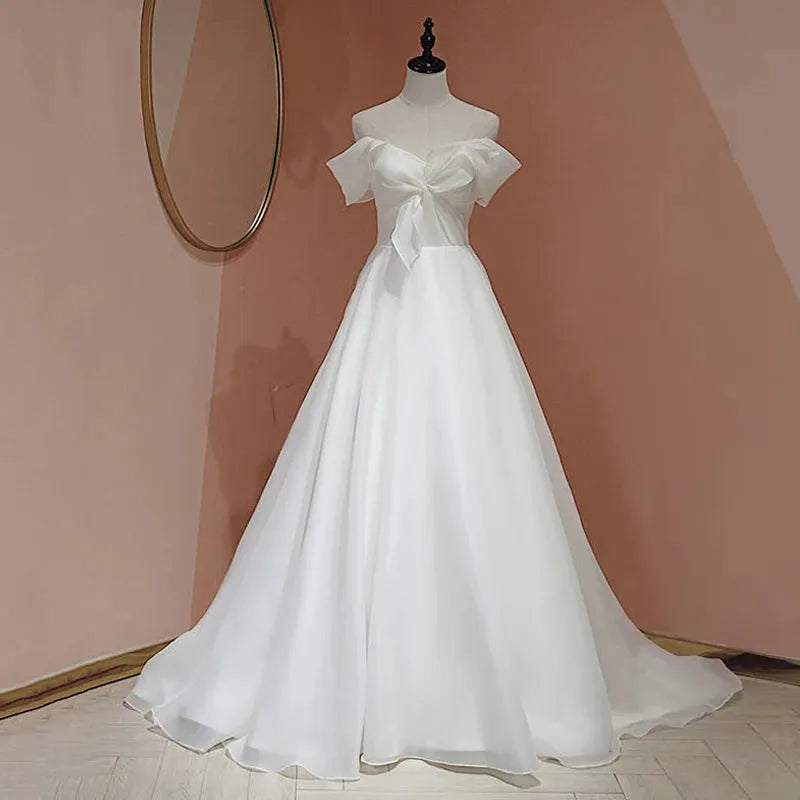 Luxury White Satin Off Shoulder Wedding Maxi Dresses for Bride Women Elegant Vintage Bow Ball Gown Long Party Dress vestido White