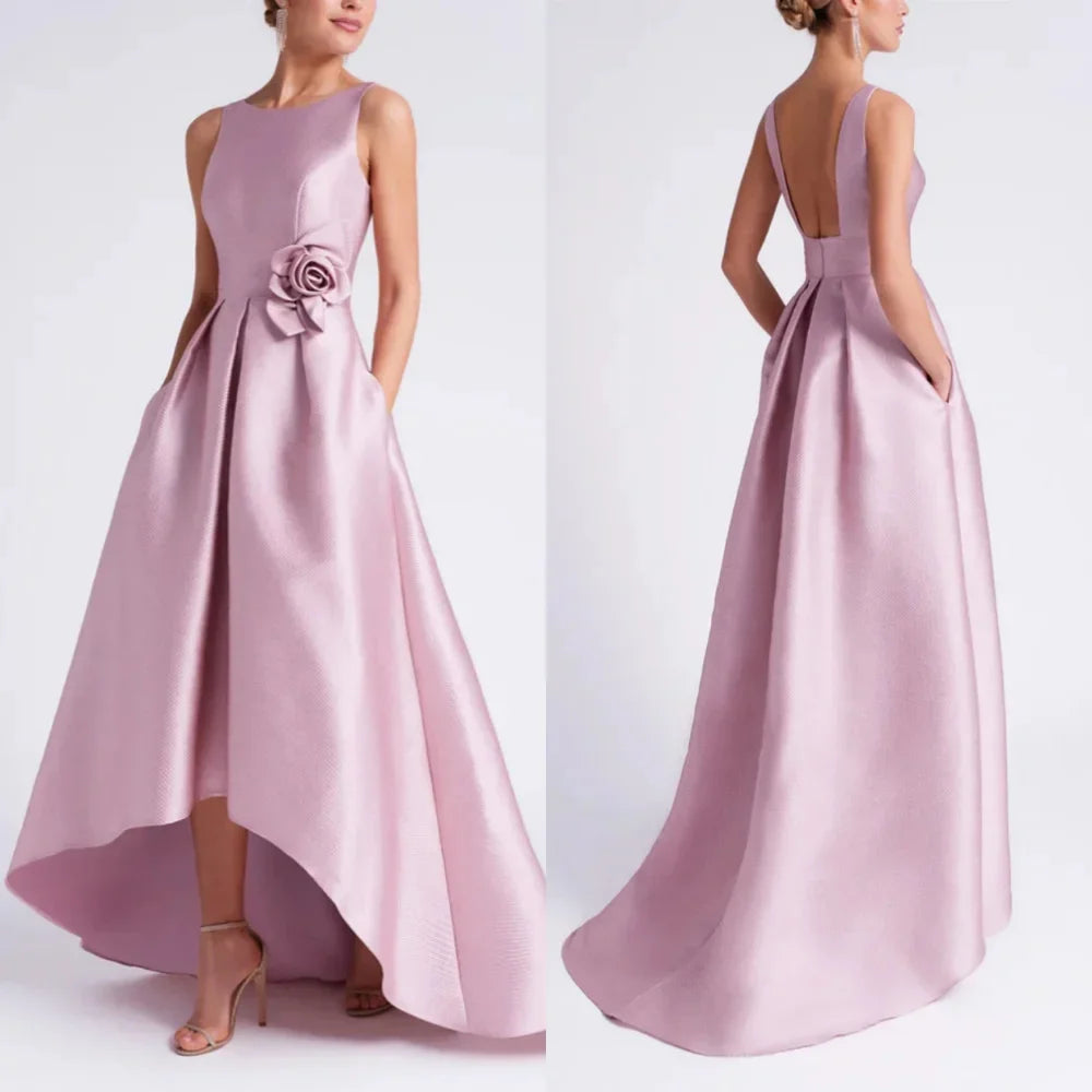 Vestidos de graduación de satén rosa, Espalda descubierta, corte en A, alto-bajo, elegante, sin mangas, largo hasta el suelo, moda de verano