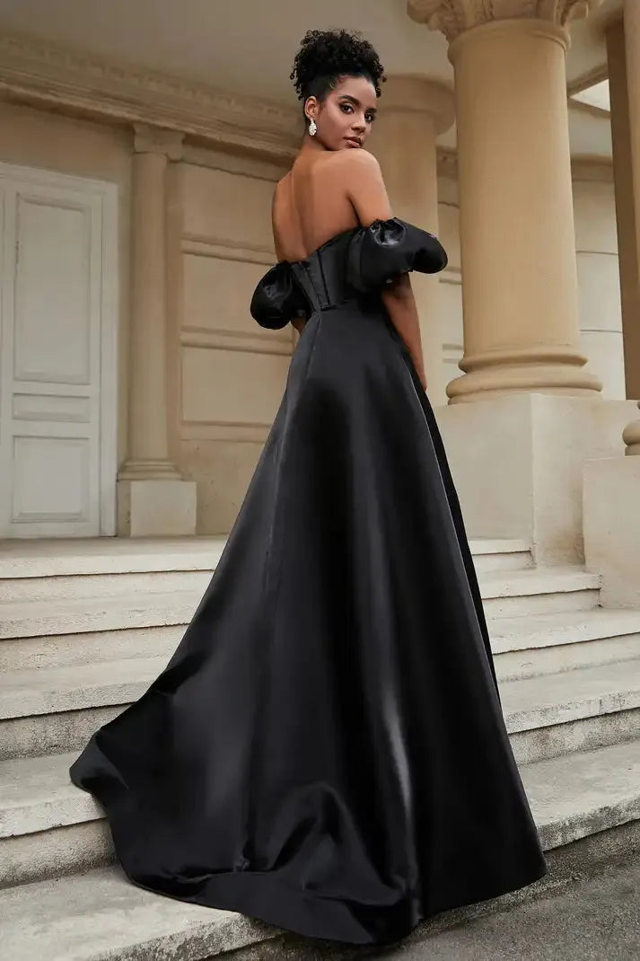 Satin Evening Dresses Long Removable Puffy Sleeves with Slit A Line Sweep Train Formal Party Prom Gowns Elegant Simple