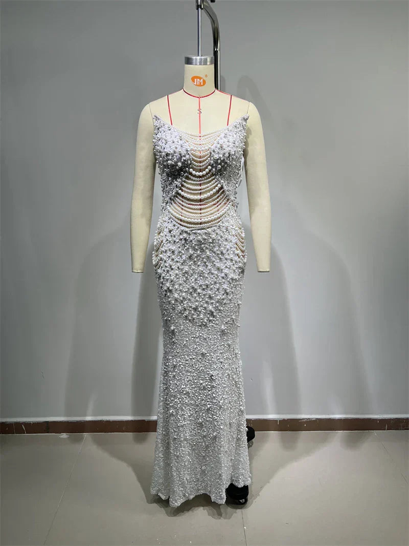 Luxury Pearl String Sexy See Through White Sequins Long Dress Elegant Woman Wedding Party Dress Red Carpet Goddess Vestido