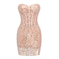 Sweetheart Beaded Sequins Sparkly Sheath Short Dress Strapless Tube Crystals Embellished Cocktail Party Evening Outfits Beige