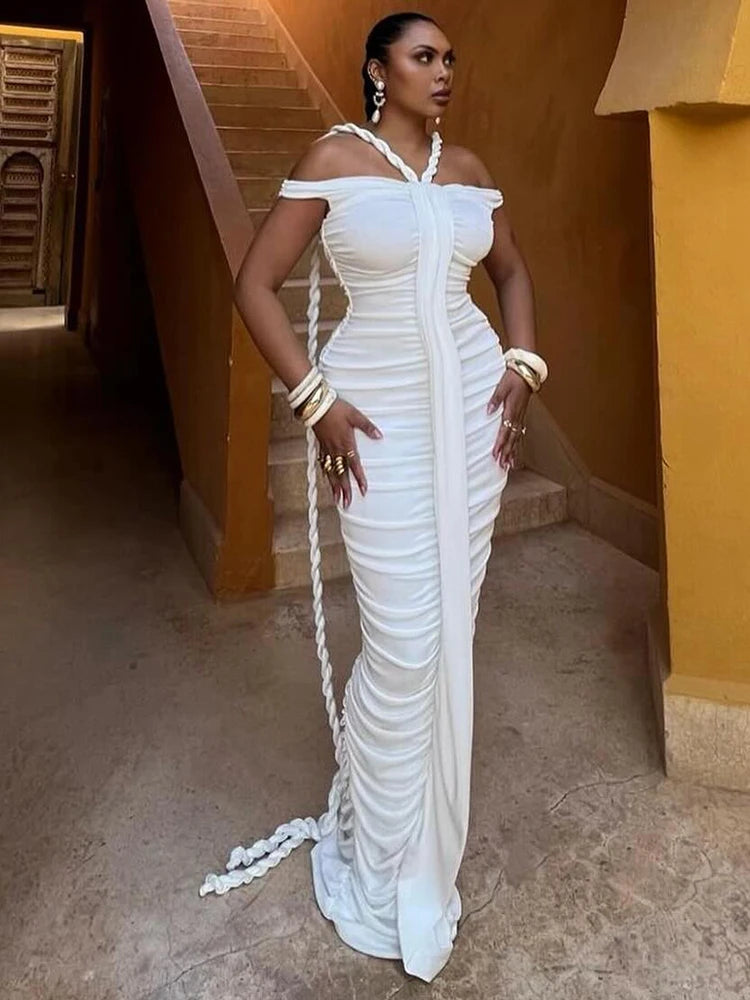 Braid Ribbon Ruched Bodycon Maxi Dress Women Off Shoulder Short Sleeves Slim Solid Evening Party Long Robe Gowns