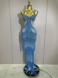 Sparkly Rhinestones Tassel sexy Mesh Slip Long Dress Women Celebrate Evening Prom Birthday paty Dress Photoshoot Stage Wear Blue