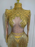 Sparkly Rhinestone Sequin Tassel Stretch Bodysuits Women Birthday Party Nightclub Dj Stage Performance Costume