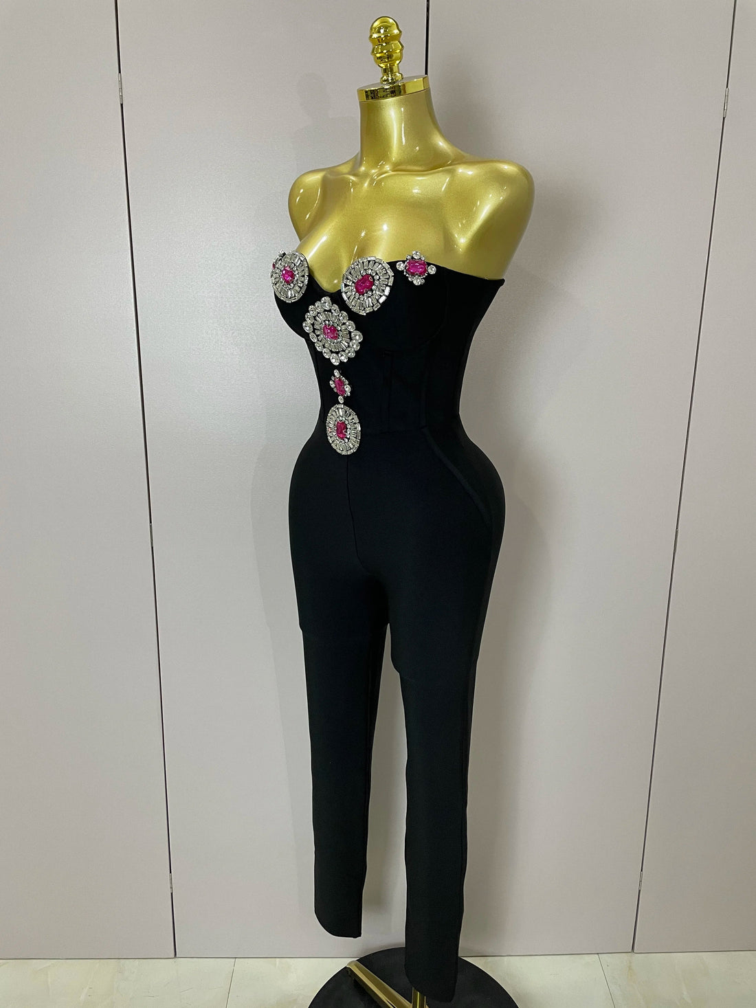 Luxury Sexy Strapless Backless Crystal Diamonds Black Bodycon Bandage Jumpsuit Women Celebrity Designer High Street Rompers black