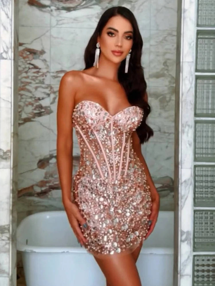 Sweetheart Beaded Sequins Sparkly Sheath Short Dress Strapless Tube Crystals Embellished Cocktail Party Evening Outfits