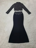 Women Long Sleeve Sexy Beading Tops 2 Pieces Bodycon Bandage Skirt Set Elegant Evening Party Celebrate Outfit