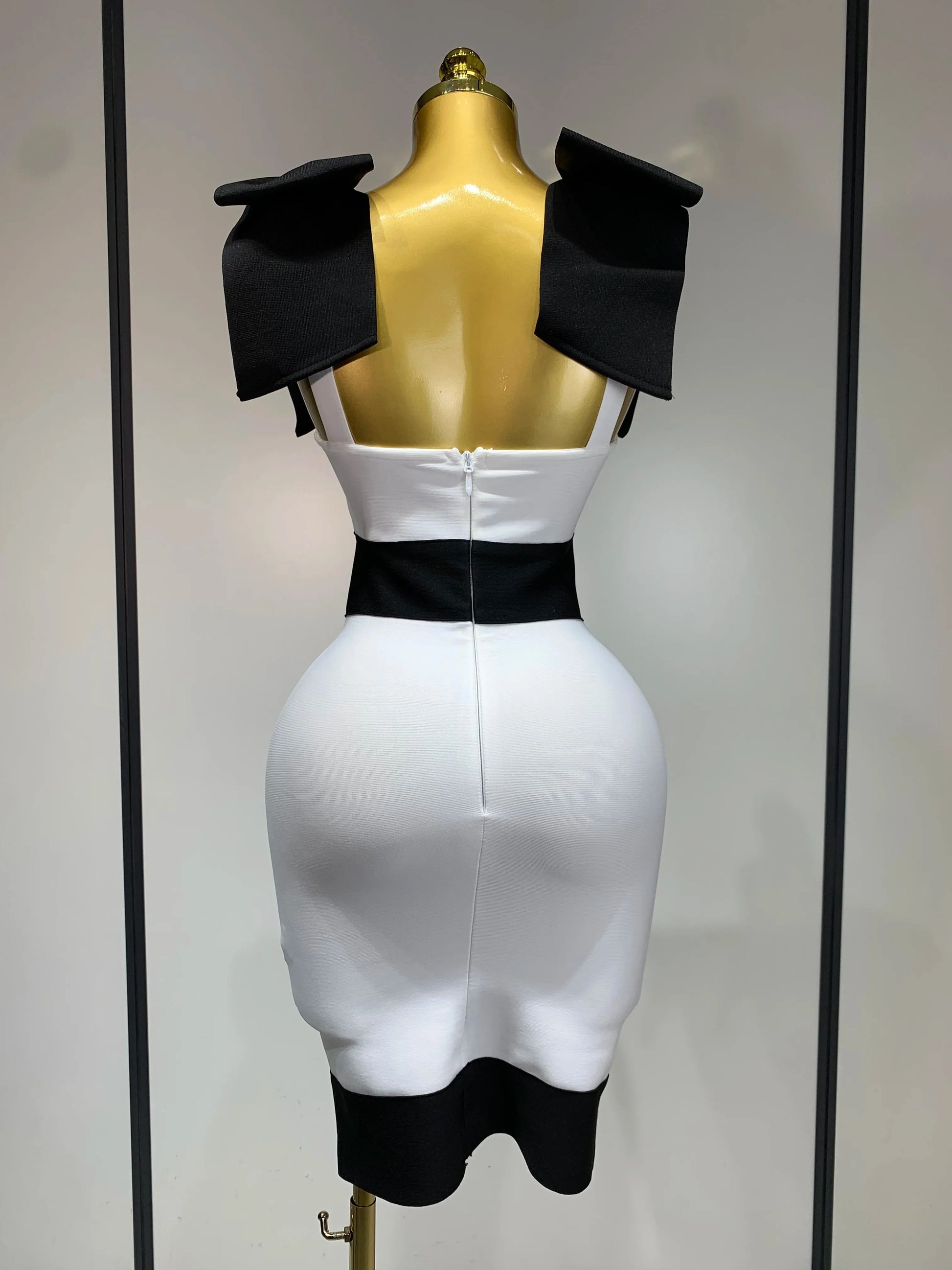 Women Sexy Bow Tie Black White Patchwork Bodycon Bandage Dress Celebrity Elegant Evening Club Party Birthday Dresses
