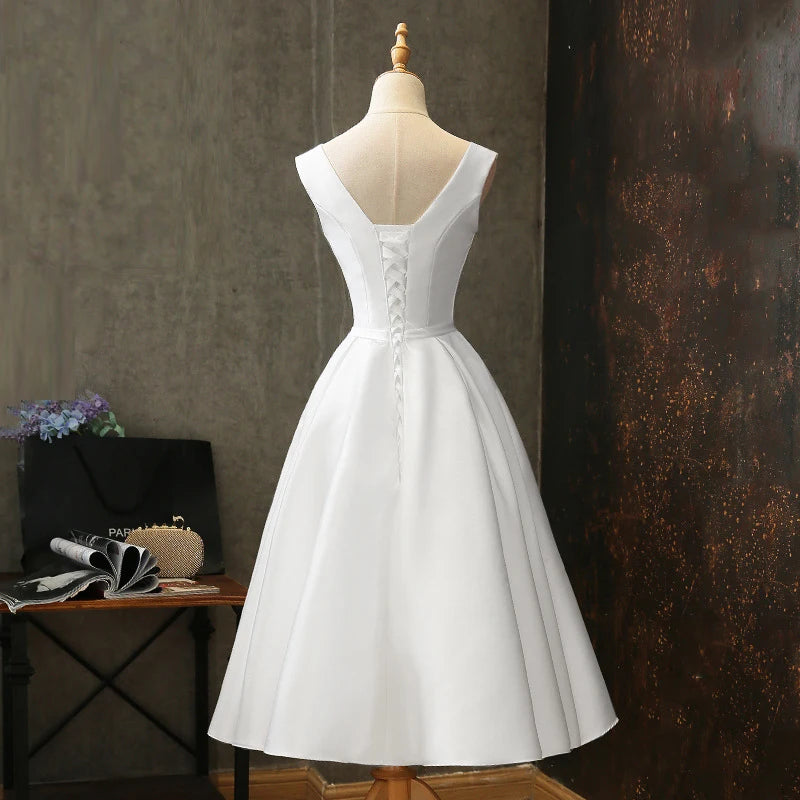 Vestido de novia por debajo de la rodilla de satén blanco con cuello en V sexi, elegante vestido de verano para graduación, noche, dama de honor de boda, vestidos largos de fiesta para mujer