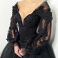 Black Evening Dresses Goethe Lace Applique Tulle Off Shoulder Puffy Full Sleeves A Line Long Chapel Train Party Prom Gowns