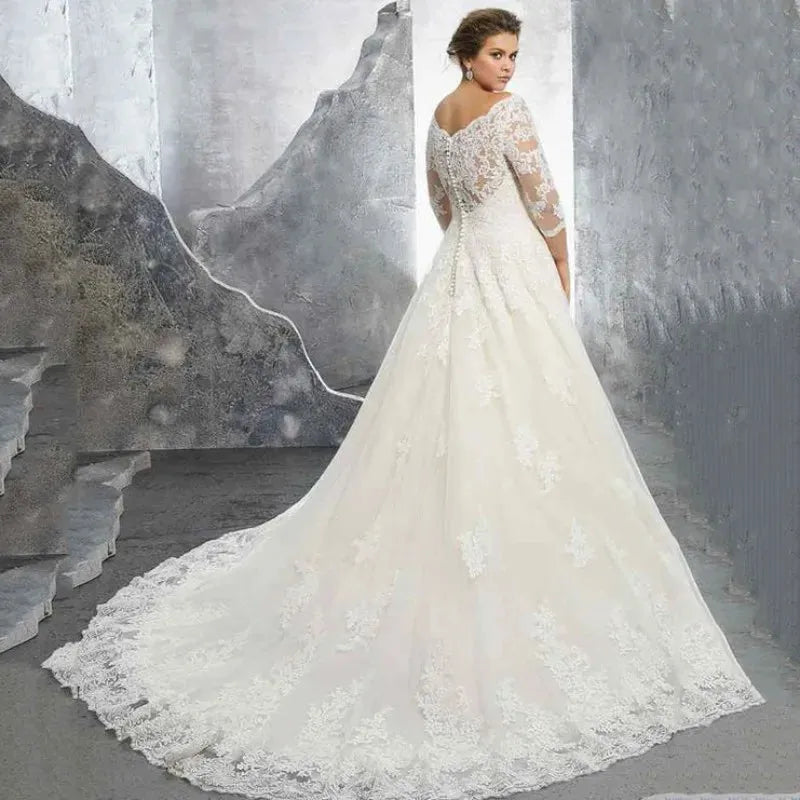 Plus Size Wedding Dress Women Sweetheart A-line Off The Shoulder Half Sleeves Vestido De Novia Elegant Lace Applique Court Train Plus Size