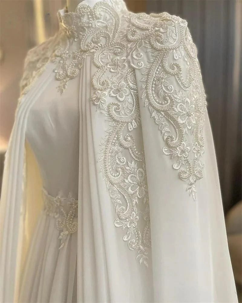 Dubai Muslim Wedding Gowns for Bride Pearls Chiffon Appliques Arabic Bridal Dress with Cape Long Sleeves Vestidos Novias Boda