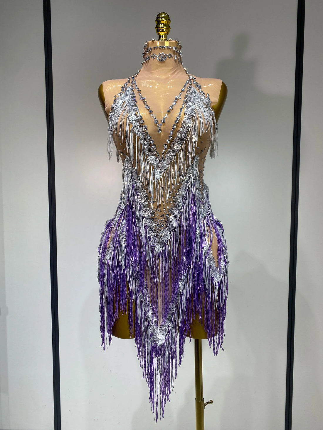 Luxury Rhinestone Tassel Sexy Women Short Latino Dance Dress Birthday Nightclub Bar Sleeveless Sparkly Performance Stage Outfit PURPLE