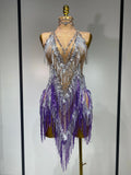 Luxury Rhinestone Tassel Sexy Women Short Latino Dance Dress Birthday Nightclub Bar Sleeveless Sparkly Performance Stage Outfit PURPLE
