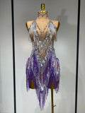 Luxury Birthday Dress Rhinestone Tassel Sexy Women Short Latino Dance Dress Nightclub Bar Sparkly Performance Stage Outfit PURPLE