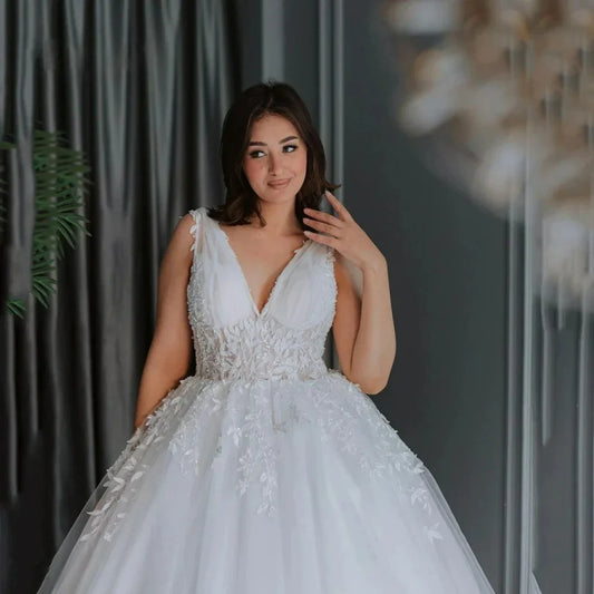 Abito da sposa più taglia per donna a-line-gine a v-torelele applique a pizzo aperta riba