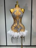 Luxury Party Cocktail Short Dress Women Mesh Sexy See Through Rhinestones Tassel Dress Nightclub Perform Singer Stage Costume Beige