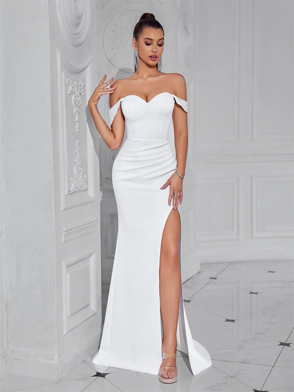 Cocktail Dress For Women Off Shoulder Sexy Floor Length Party Evening Night Outfit Club Formal Wedding Guest Maxi Gala Vestidos WHITE