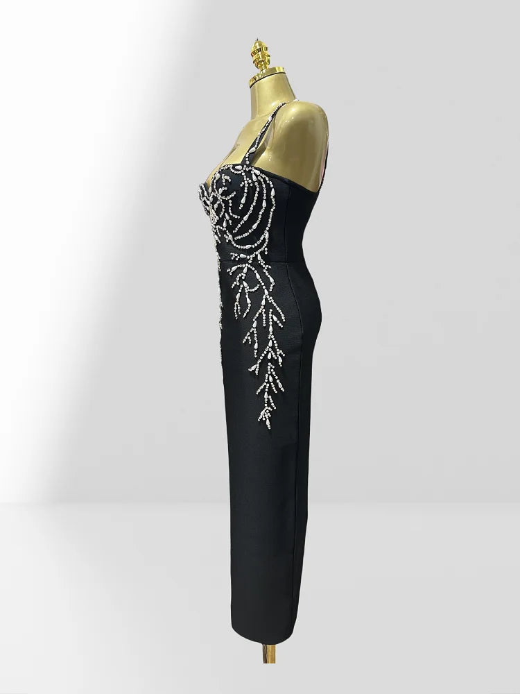 Luxury Diamonds Spaghetti Strap Black Bandage Ankle Length Dress Woman evening Party Dress Celebrity Birthday Party Outfit