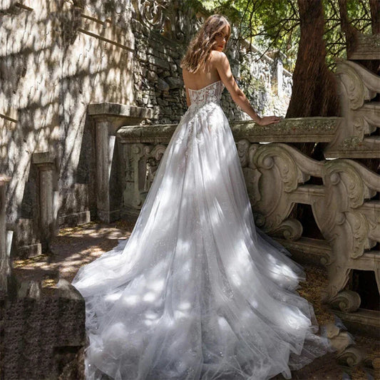 Prinzessin A-Line Spitzen Applikationen Strand Hochzeitskleid Schatz ärbliche Brautkleid sexy Vestidos de noiva Mariage