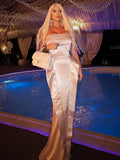 Celebraty Party Dresses For Women Sexy Strapless Ruched Design Satin Tight Maxi Long One-Piece Gown Special Event