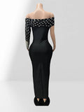 Spacial Design Luxury Diamonds Sexy Off The Shoulder Black Ankle Length Bandage Dress Woman Party Vestido Birthday Party Outfit