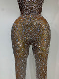 Luxury Rhinestones Jumpsuit Women Sexy Mesh See Through Performance Dance Costume Celebrate Club Birthday Party Stage Outfit