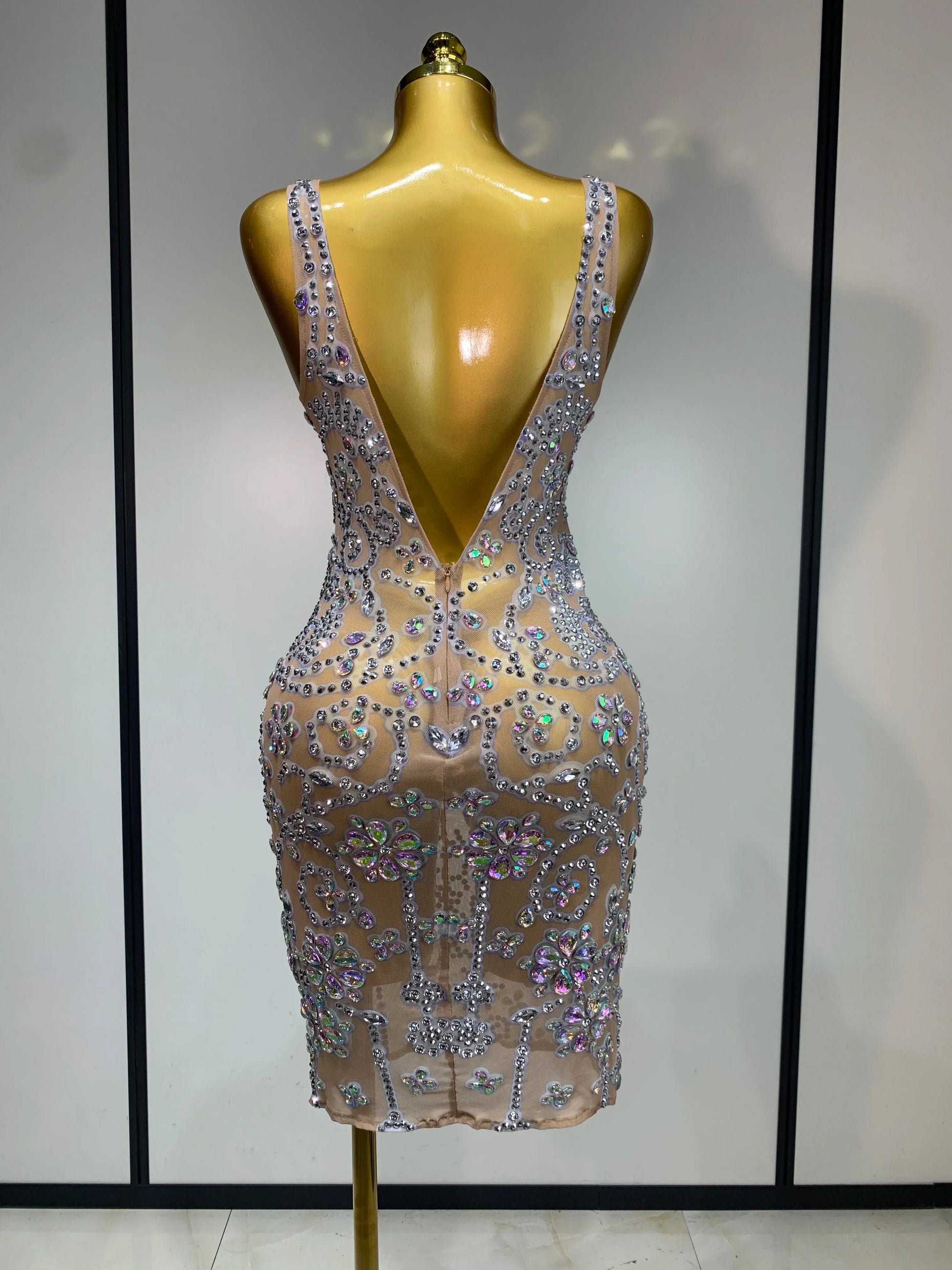 Celebrity Elegant Party Sparkly Rhinestones Transparent Mesh Short Dress Luxury Birthday Nightclub Outfit Perform Stage Costume