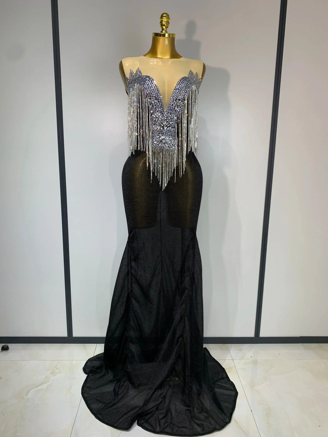 Women Sexy Sparkly Rhinestones chain Celebrity Elegant Maxi Long Dress Luxury Birthday Prom Gowns Stage Show Performance Costume black