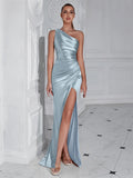 Formal Women's Evening Prom Elegant Party wedding guest Celebrity Female Satin Maxi Club Wear Cocktail Dresses SKY BLUE