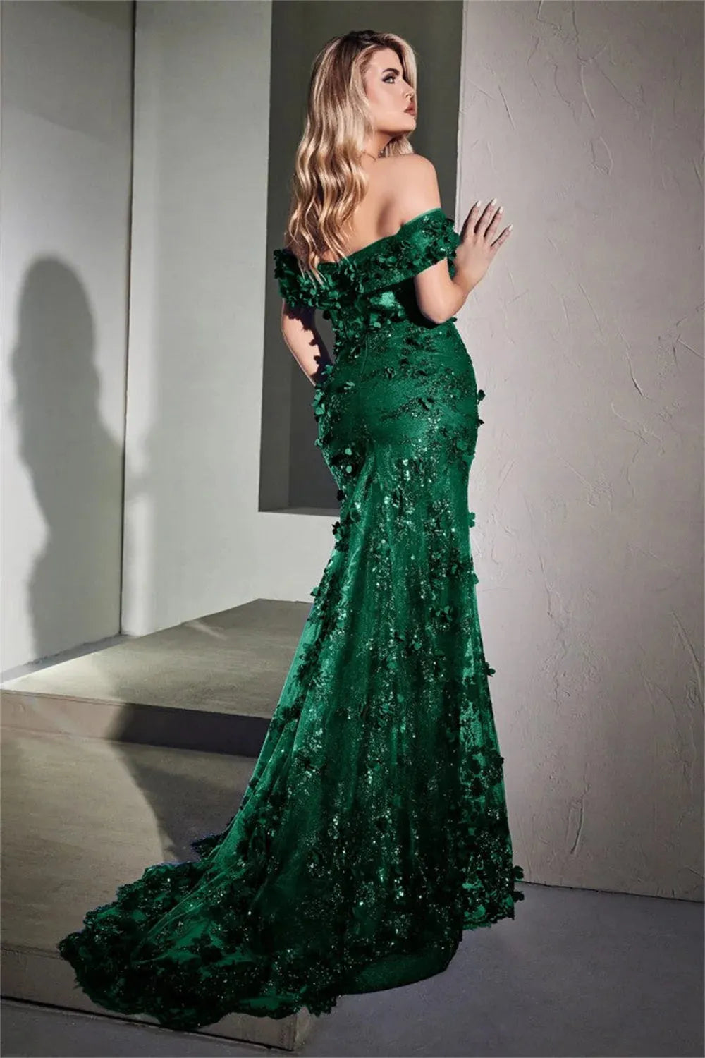 Luxury 3D Lace Embroid Prom Dress Dark Green Party Dresses Off Shoulder Vestidos De Noche Side Split Trumpet فساتين السهرة Green