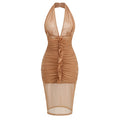 Ruffled Backless Halter Mini Dress See Through Deep V Plunge Neckline Mesh Pleated Party Club Cocktail Outfit Vestidos Khaki