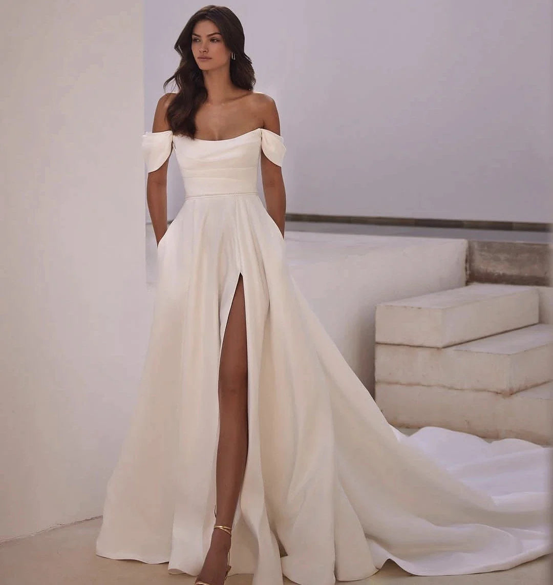 Manga de fenda lateral de vestido de noiva elegante de cetim para mulheres com vestidos de noiva civil de bolso personalizados para medidas elegantes