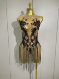 Luxury Sparkly Rhinestones Chain Sleeveless Mini Dress Women Sexy Performance Dance Nightclub Outfit Birthday Party Dress black