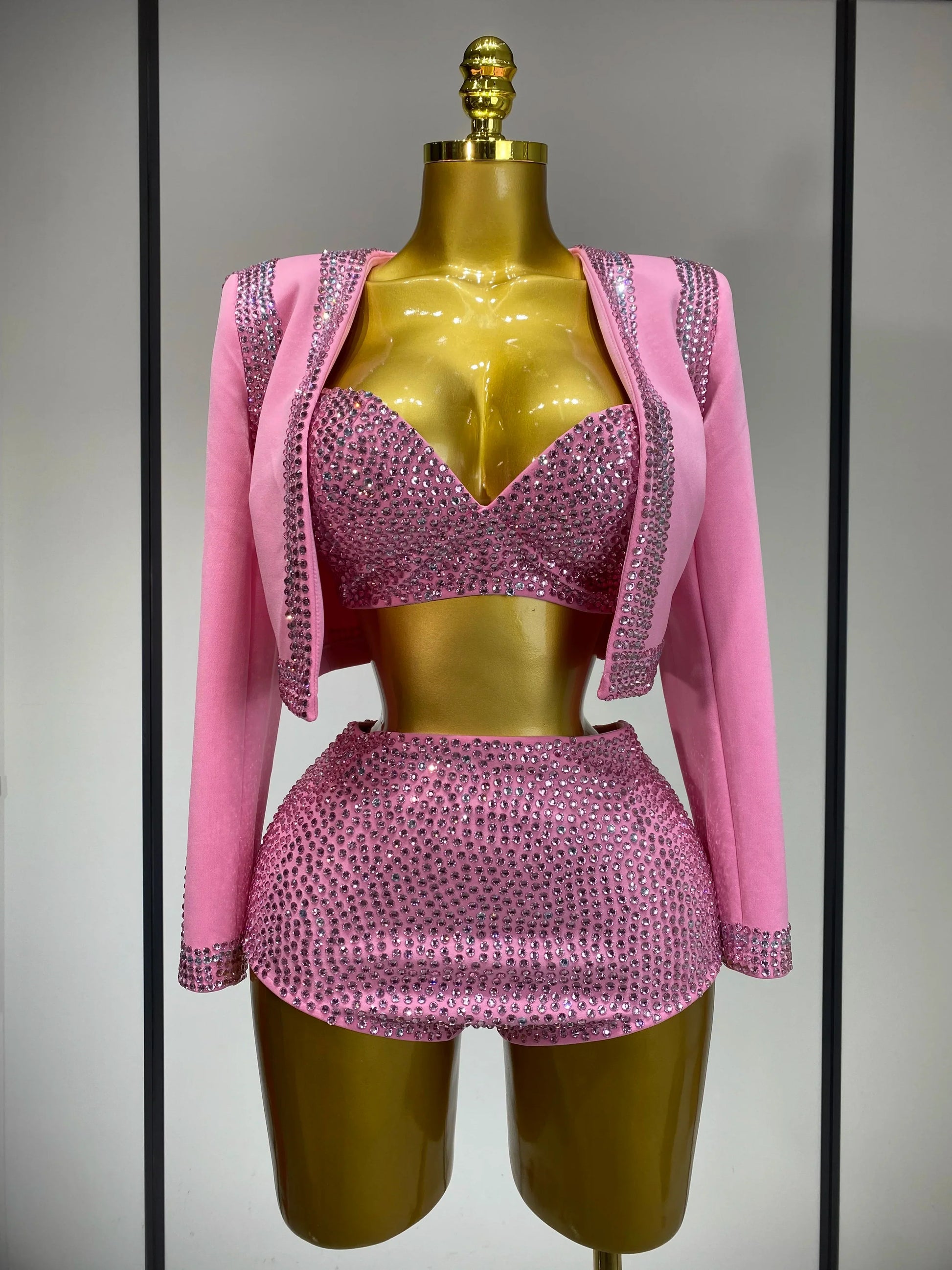 Luxury Rhinestone Jacket Bra Top And Matching Shorts Set 3 Pieces Outfits Women Sexy Sparkle Nightclub Singer Stage Outfit Pink